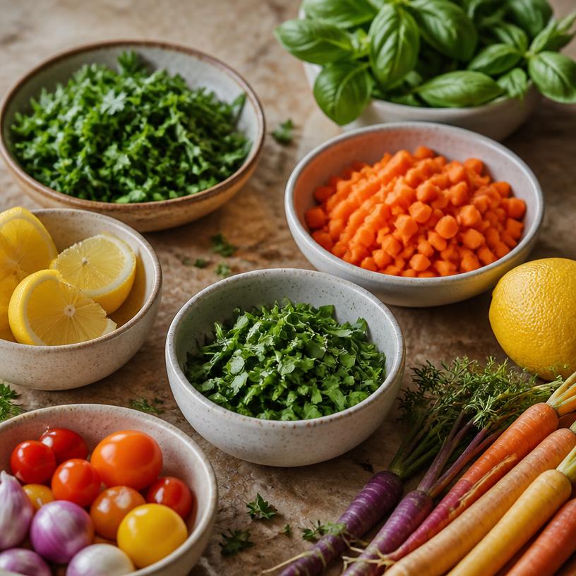 Légumes et herbes fraîches prêts à être cuisinés